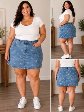And Now This Women’s 4X Plus Denim Mini Skirt Floral Embroidered Stretch NWT